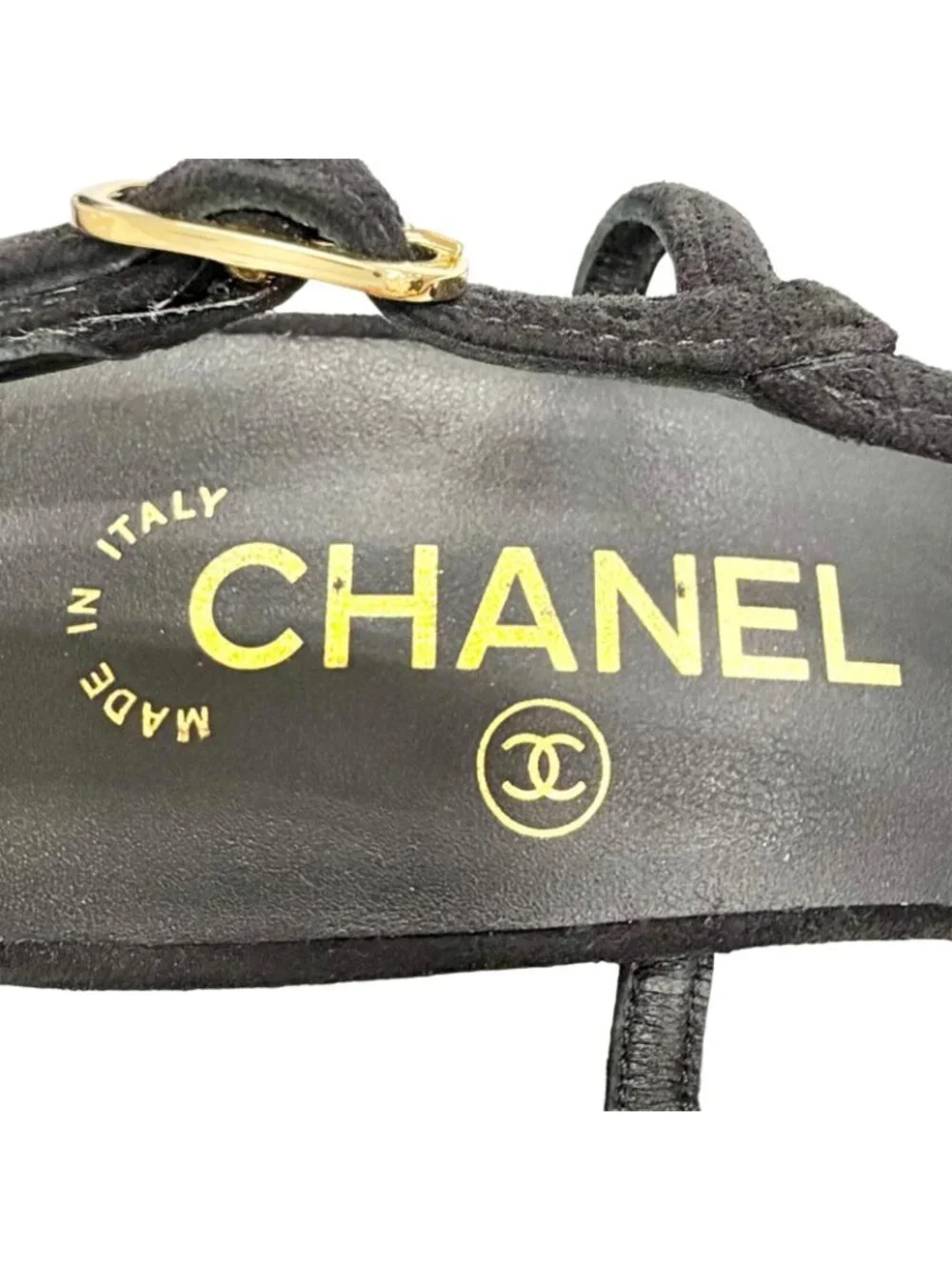 Chanel Suede Leather CC Logo Ankle Strap Open Toe Sandals Black